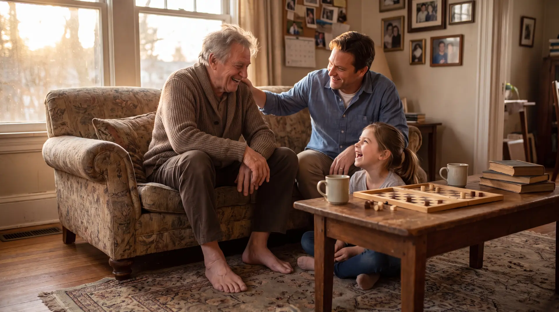 Golden years restored — laughing with family in the living room